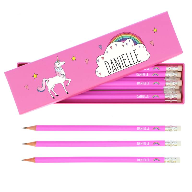 Personalised Unicorn Box of 12 Pink HB Pencils